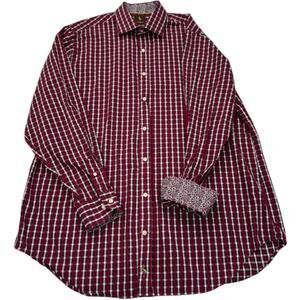 Tailorbyrd Red Navy Gingham Shirt, Floral Contrast Collar and Cuffs, Men's 2XL